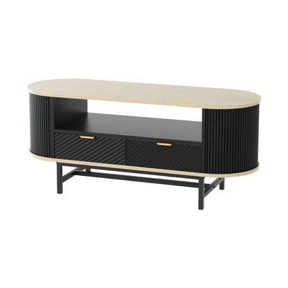 Modern black and wood TV stand with open shelf and two ribbed drawers on metal legs
