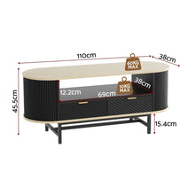 Black and wood TV unit with measurements, two drawers, open shelf, and weight limits labeled.