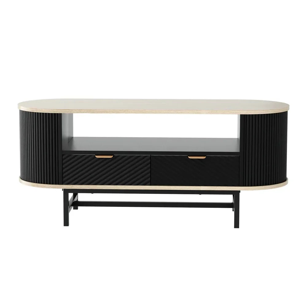 Modern black and wood oval TV stand with drawers and open shelf, minimalist style