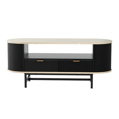 Modern black and wood oval TV stand with drawers and open shelf, minimalist style