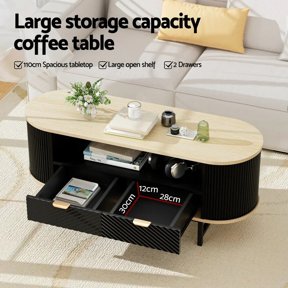 Modern oval coffee table with large storage drawers and open shelf in living room setting