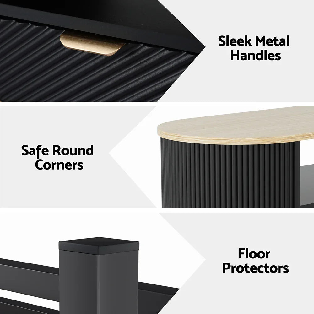 Black furniture features sleek metal handles, safe round corners, and floor protectors.