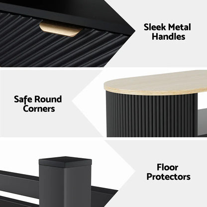 Black furniture features sleek metal handles, safe round corners, and floor protectors.