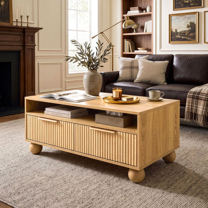 Artiss Coffee Table 90cm Fluted Drawers Open Shelf