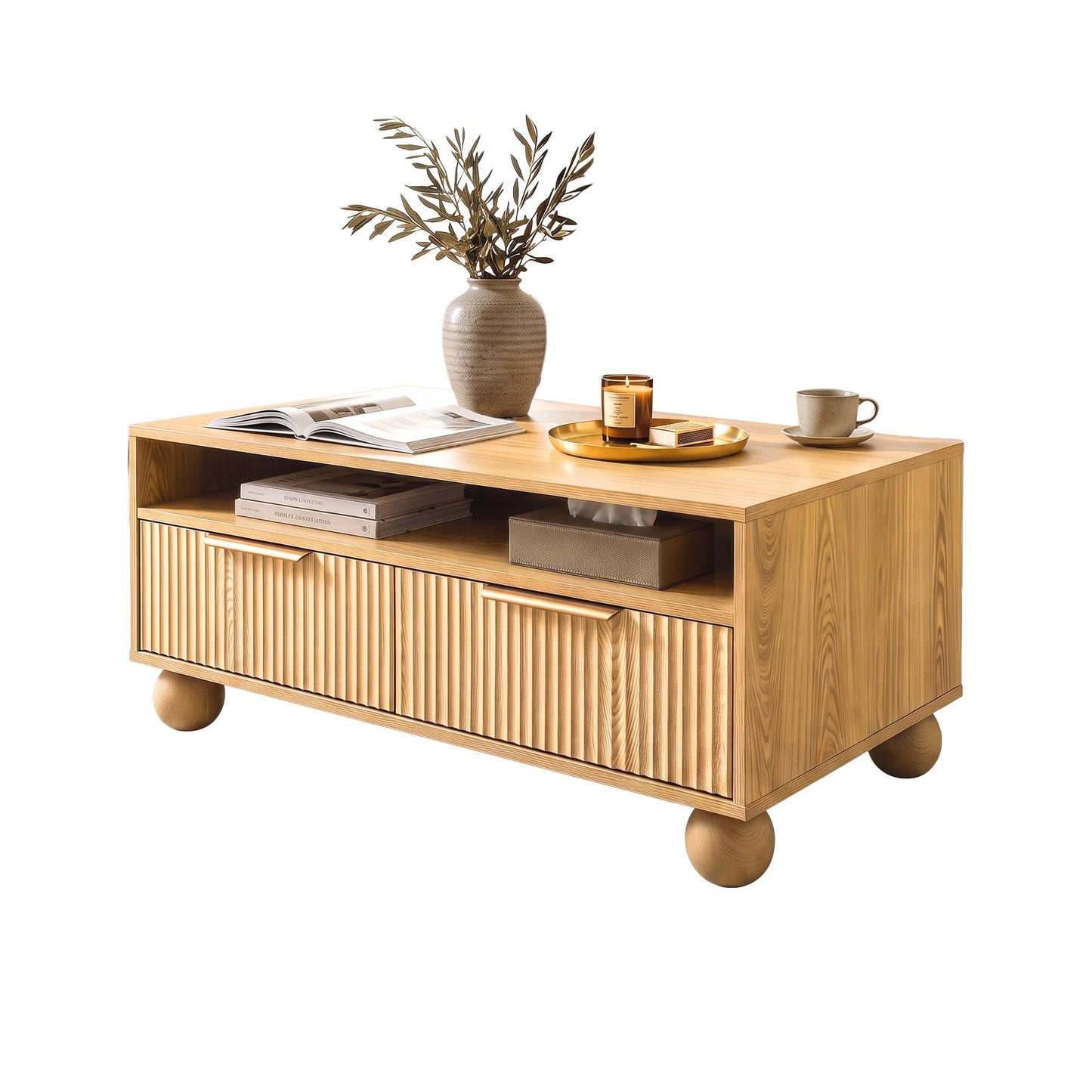 Artiss Coffee Table 90cm Fluted Drawers Open Shelf