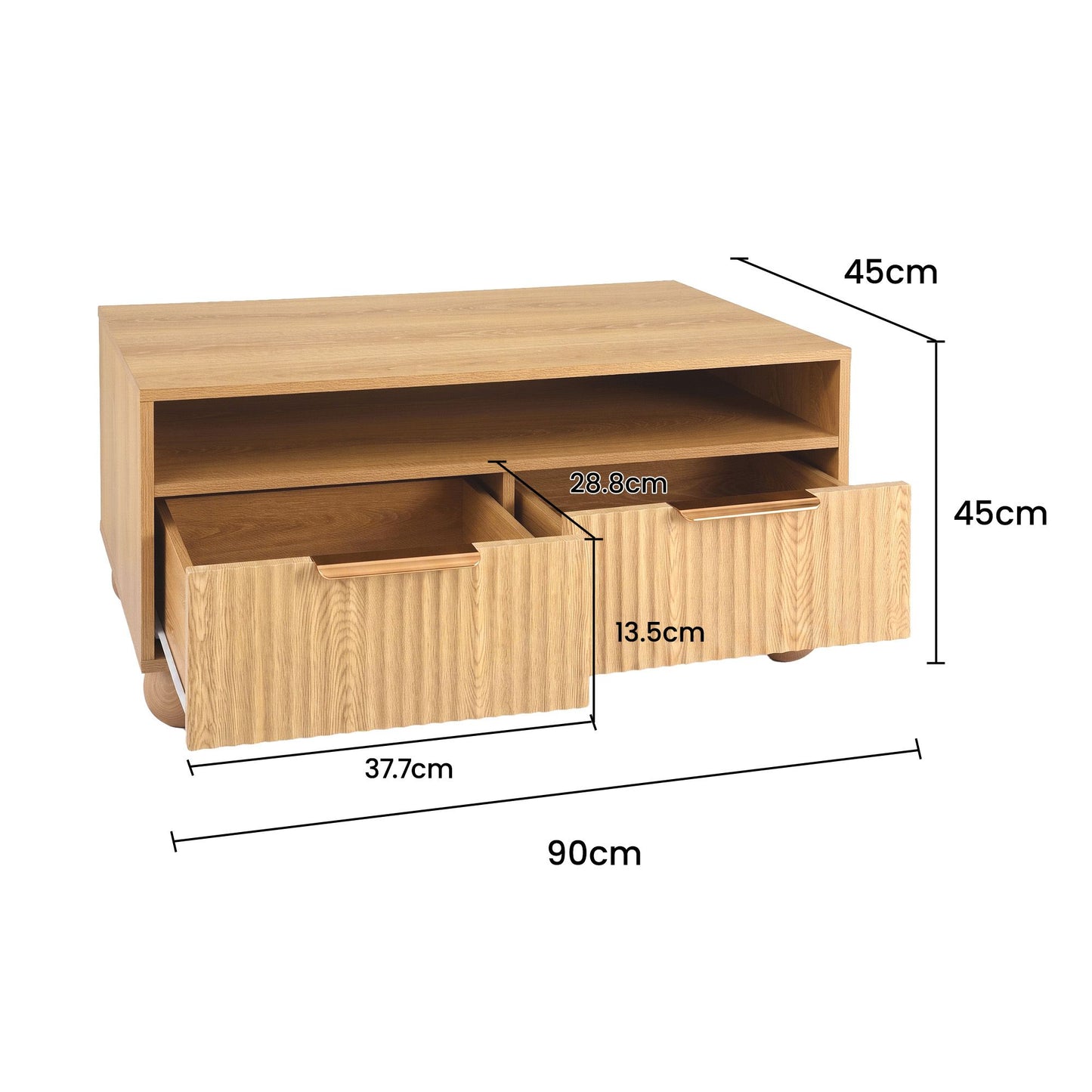 Artiss Coffee Table 90cm Fluted Drawers Open Shelf