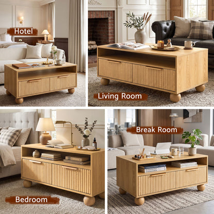 Artiss Coffee Table 90cm Fluted Drawers Open Shelf