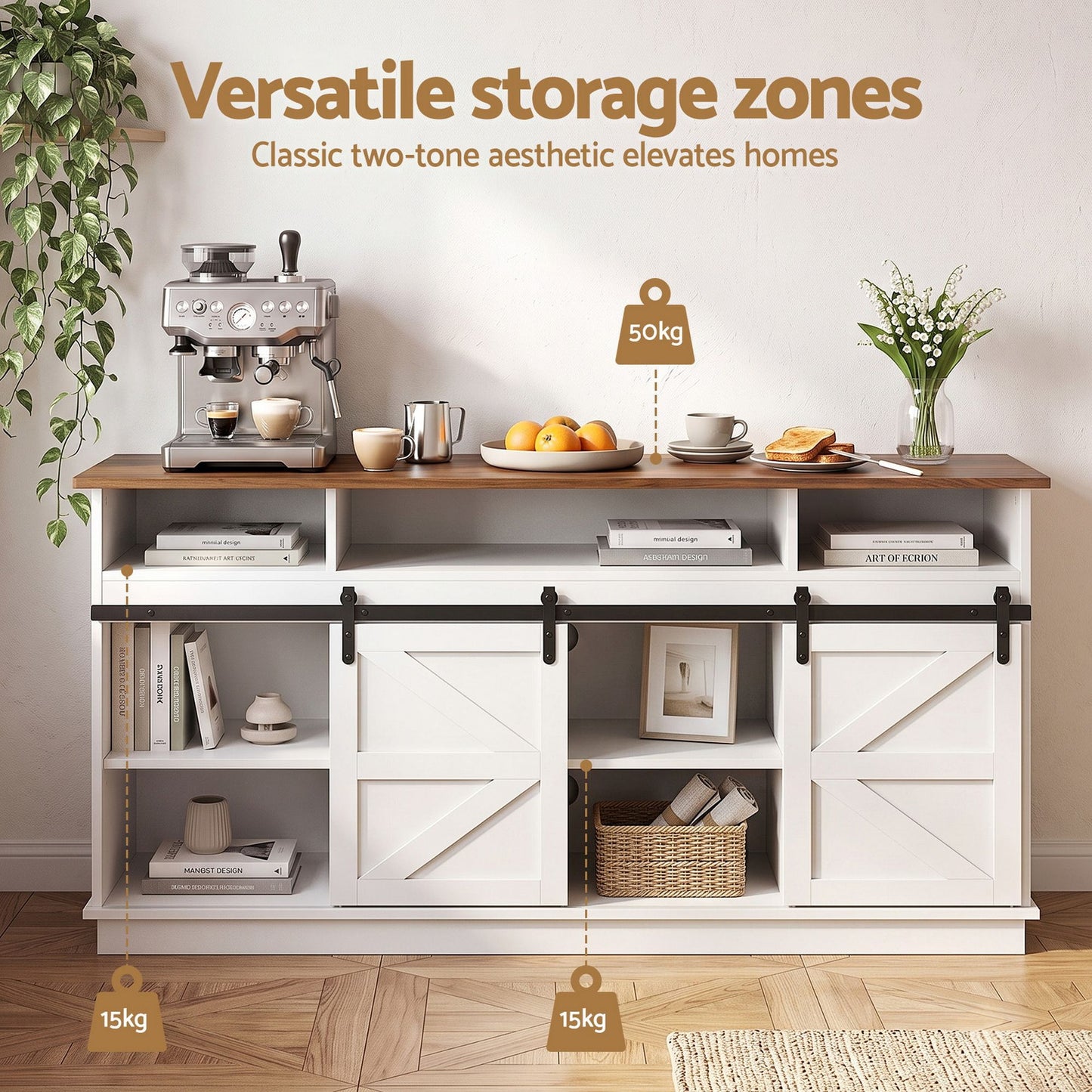 Artiss Buffet Sideboard Cabinet 150cm with Sliding Barn Doors White