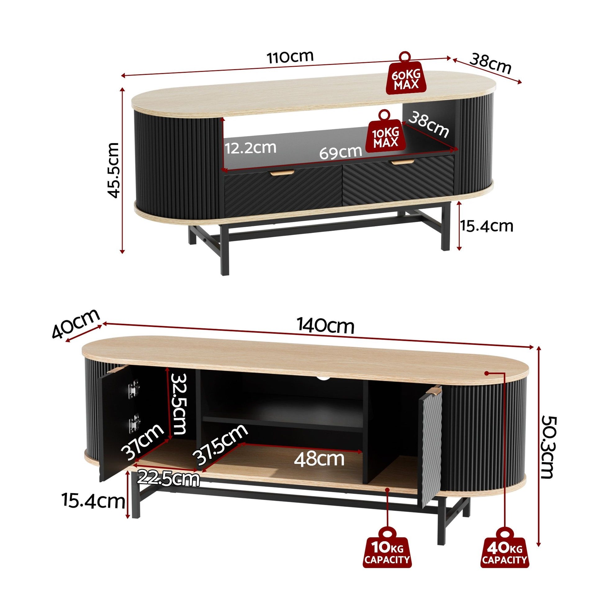 Modern black and oak TV unit with storage, dimensions, and weight capacity details shown