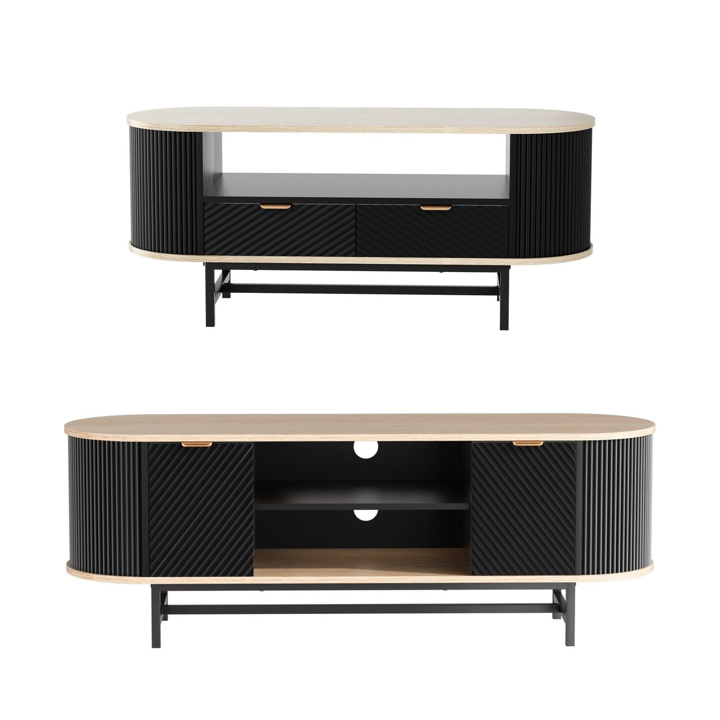 Modern black and wood TV stand with sleek design and storage drawers