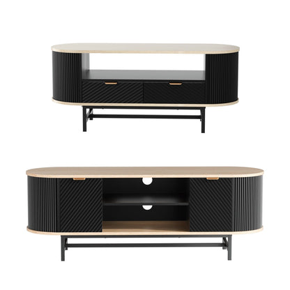 Modern black and wood TV stand with sleek design and storage drawers
