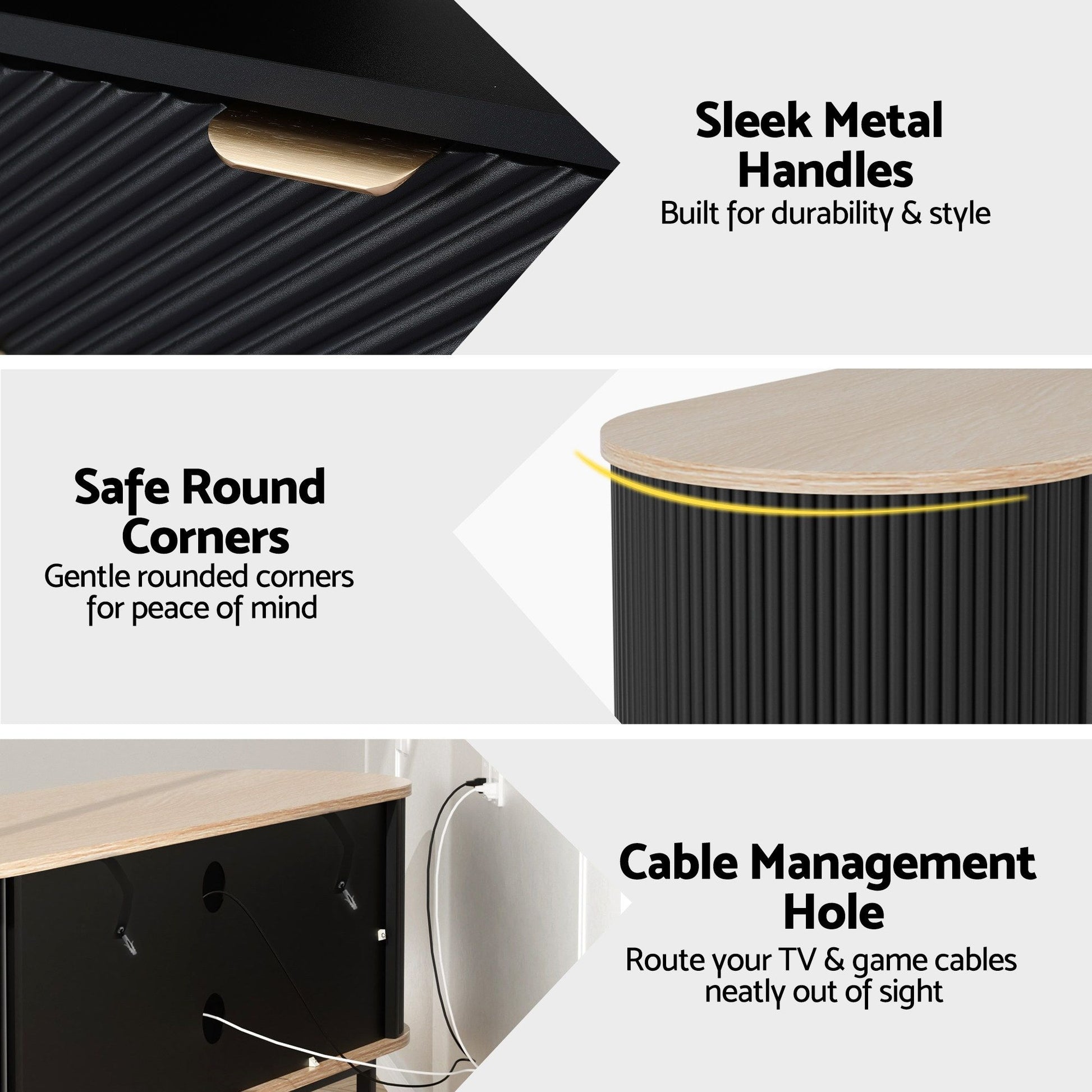 Black ribbed cabinet with gold handles, rounded corners, and cable management hole for TV setup