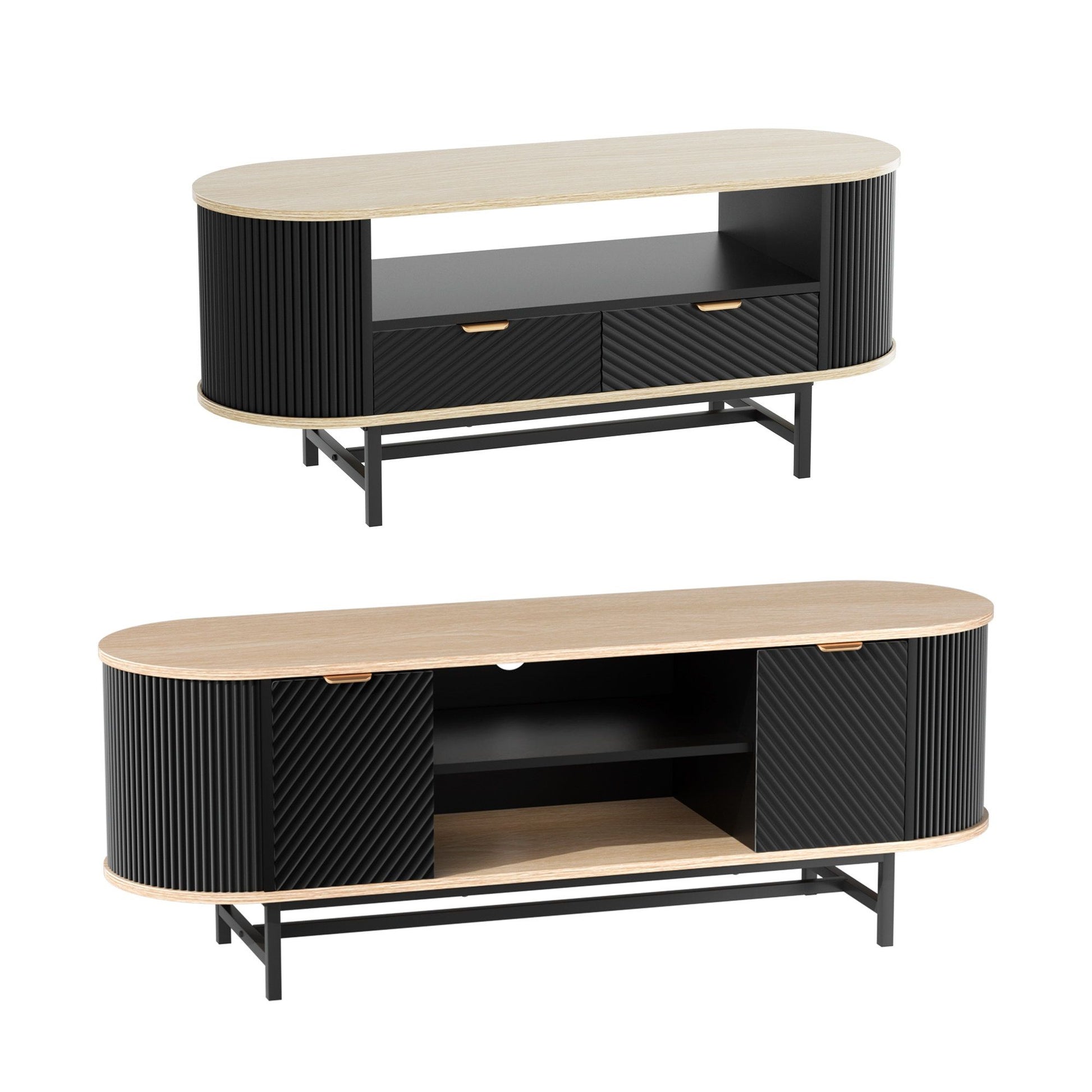 Modern black & wood TV stand with drawers, open shelf, and ribbed panels for living room storage