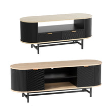 Modern black & wood TV stand with drawers, open shelf, and ribbed panels for living room storage