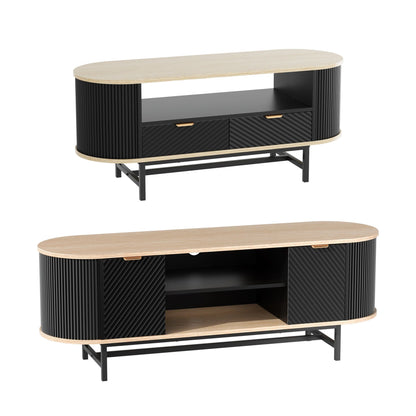 Modern black & wood TV stand with drawers, open shelf, and ribbed panels for living room storage