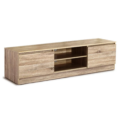 Modern oak wood TV unit with two side cabinets and open center shelves, minimalist design