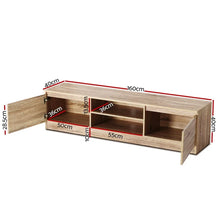 Wooden TV cabinet with measurements, open doors and storage shelves, light oak finish