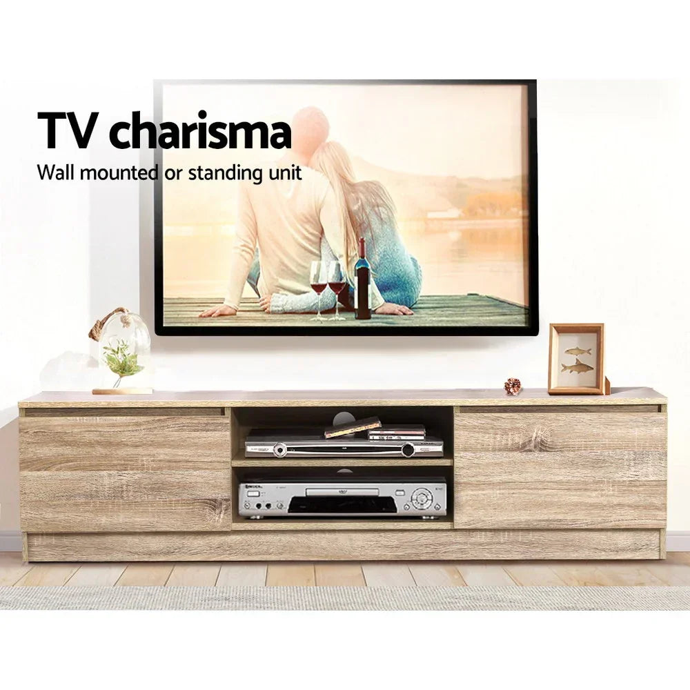 Modern wood TV cabinet with storage shelves and side doors in living room setting