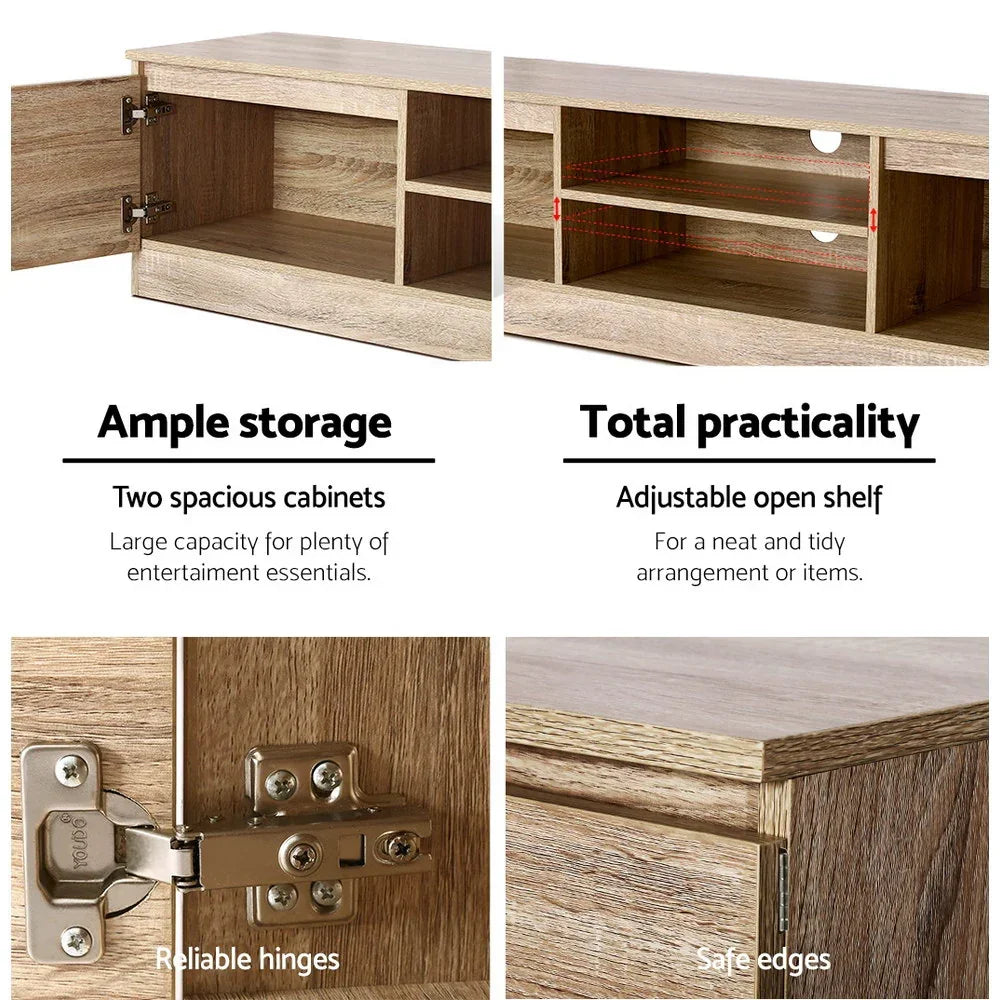 Wooden TV cabinet with ample storage, adjustable shelves, reliable hinges, and safe edges