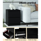 Black bedside table with two deep drawers, smooth anti-rust runners, handle-less design