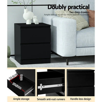 Black bedside table with two deep drawers, smooth anti-rust runners, handle-less design
