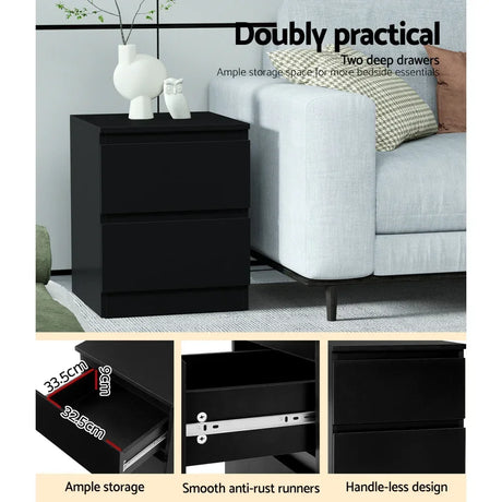 Black bedside table with two deep drawers, smooth anti-rust runners, handle-less design