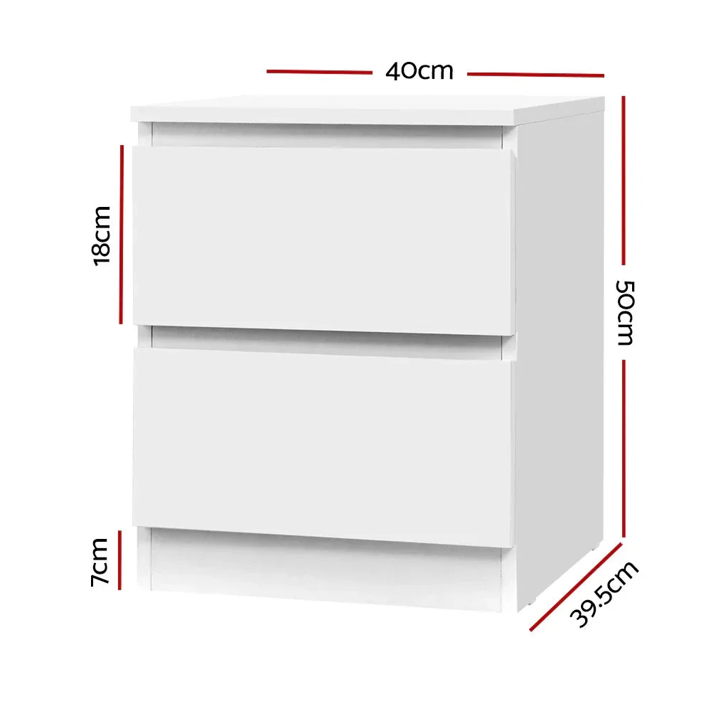 White two-drawer bedside table with dimensions labeled in centimeters, modern minimalist style