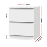 White two-drawer bedside table with dimensions labeled in centimeters, modern minimalist style