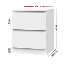 White two-drawer bedside table with dimensions labeled in centimeters, modern minimalist style