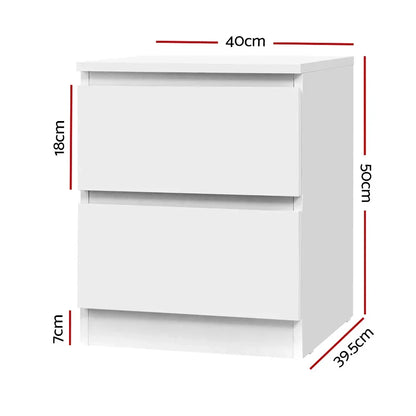White two-drawer bedside table with dimensions labeled in centimeters, modern minimalist style