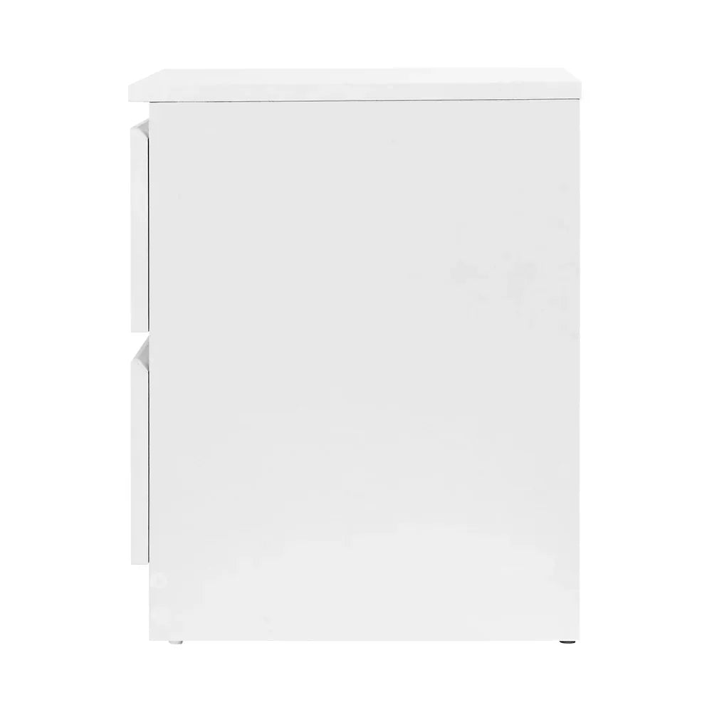 Side view of a white modern cabinet with two drawers and sleek handles.