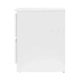 Side view of a white modern cabinet with two drawers and sleek handles.