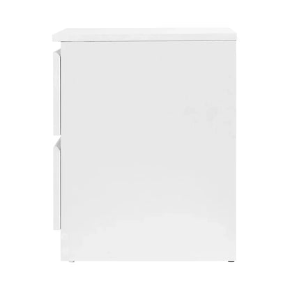 Side view of a white modern cabinet with two drawers and sleek handles.