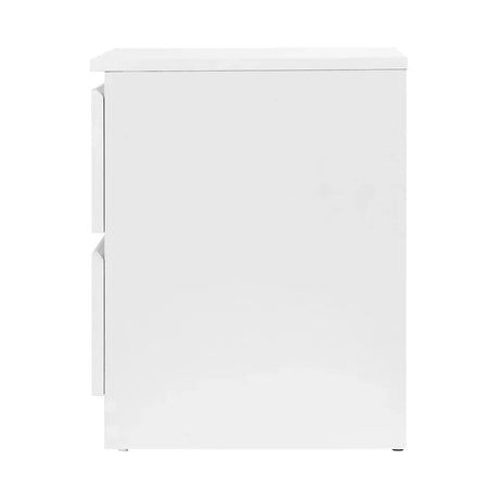 Side view of a white modern cabinet with two drawers and sleek handles.