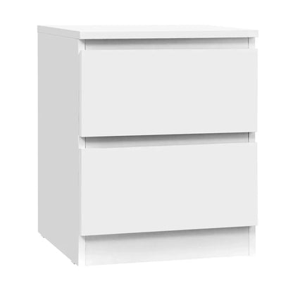 Modern white two-drawer bedside table with a minimalist design