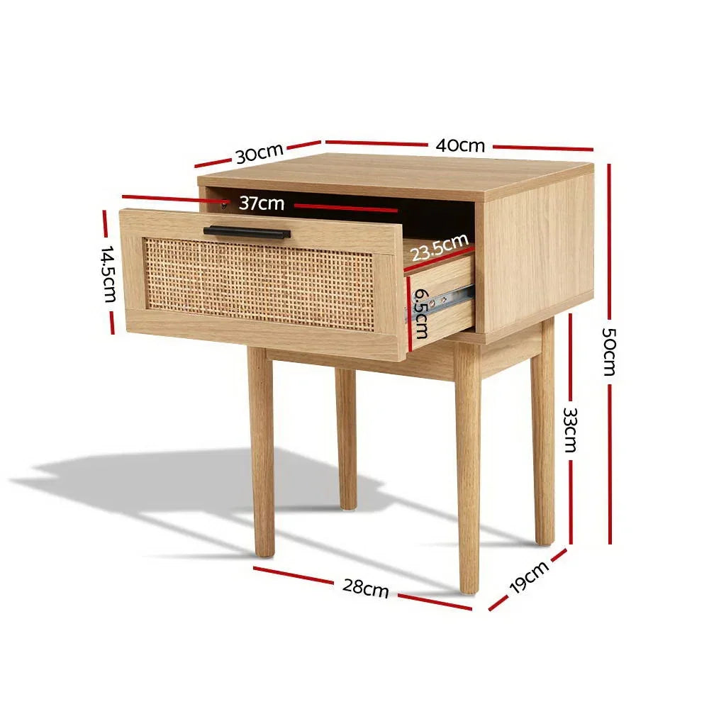 Wooden bedside table with rattan drawer, labeled dimensions, minimalist style furniture