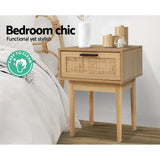Wooden bedside table with rattan drawer, decor accents, easy to clean, bedroom setting