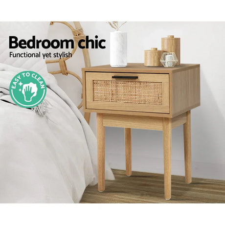 Wooden bedside table with rattan drawer, decor accents, easy to clean, bedroom setting