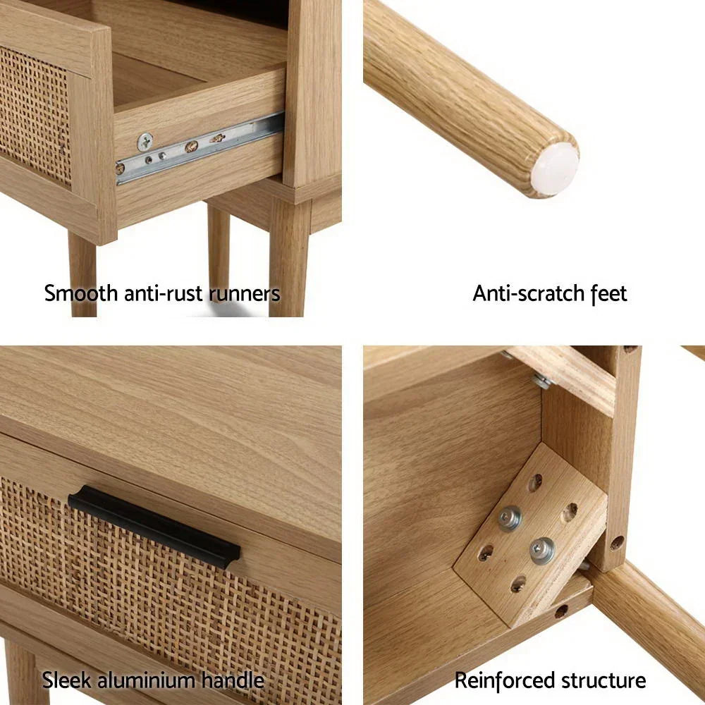 Timber bedside table details with anti-rust runners, anti-scratch feet, aluminum handle, reinforced joints