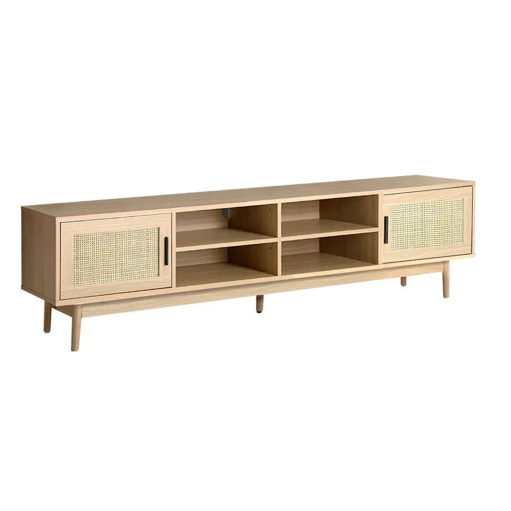 Light wood TV unit with rattan sliding doors and open storage shelves, modern entertainment stand