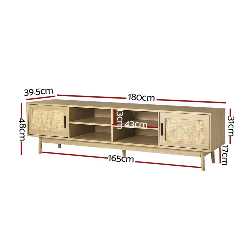 Light wood TV entertainment unit with cane doors, open shelves, and labeled dimensions.