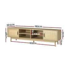 Light wood TV entertainment unit with cane doors, open shelves, and labeled dimensions.