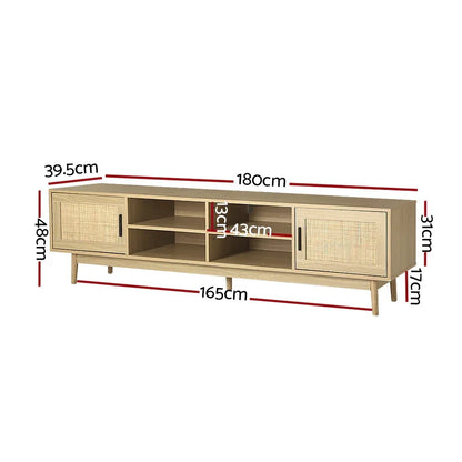 Light wood TV entertainment unit with cane doors, open shelves, and labeled dimensions.
