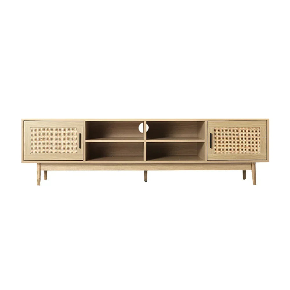Modern wooden TV unit with woven rattan doors and open shelves, mid-century style