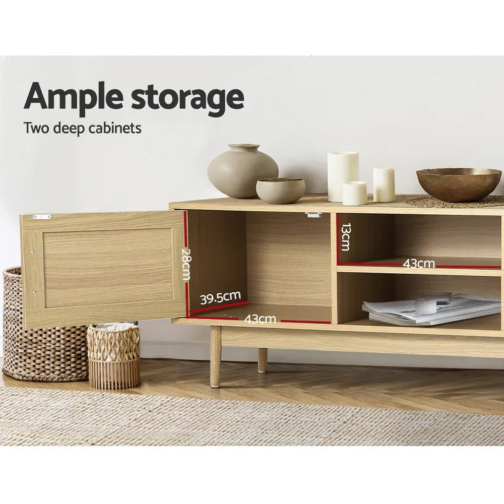 Modern wooden TV cabinet with open storage, shelves, and decor items, showing dimensions.
