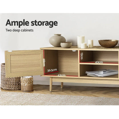 Modern wooden TV cabinet with open storage, shelves, and decor items, showing dimensions.