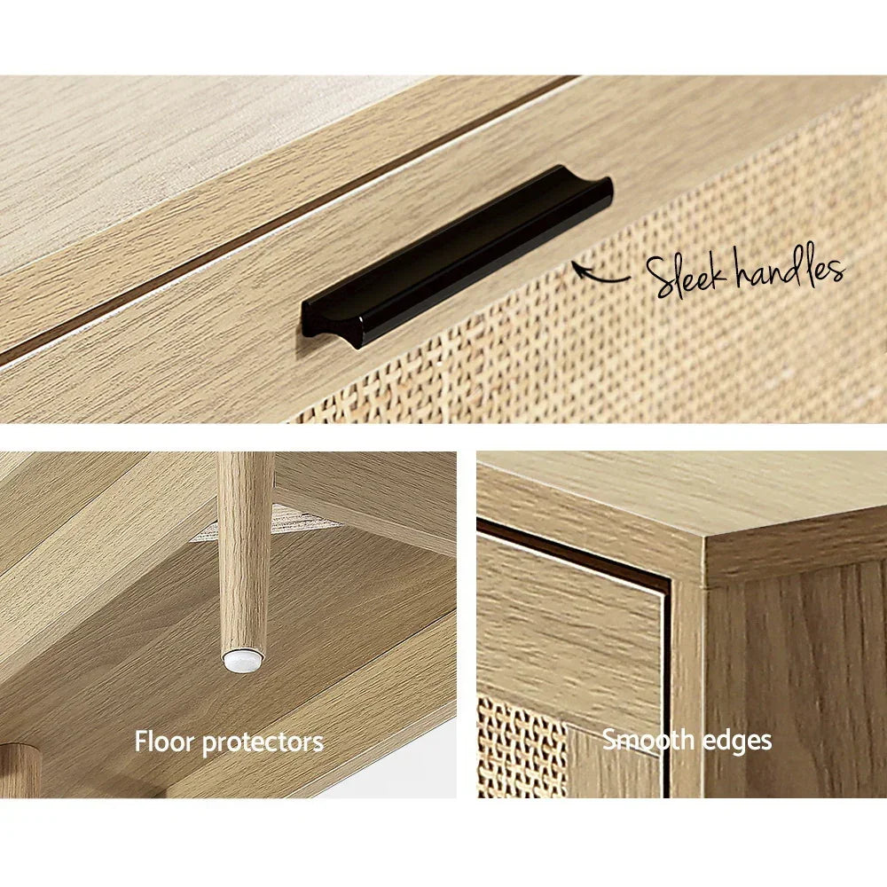 Light wood furniture details showing sleek black handles, floor protectors, and smooth edges