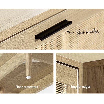 Light wood furniture details showing sleek black handles, floor protectors, and smooth edges