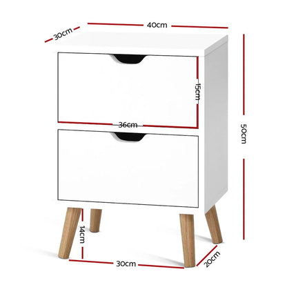 White two-drawer bedside table with wooden legs, showing detailed measurements in centimeters.