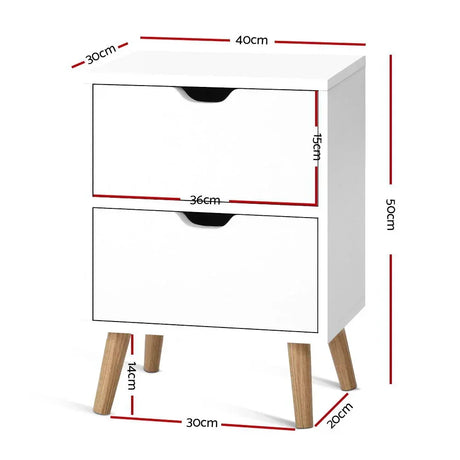 White two-drawer bedside table with wooden legs, showing detailed measurements in centimeters.